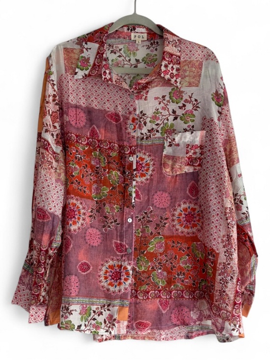 POL Tops - POL Pink Floral Patchwork Print Long Sleeve Button Down Shirt Size L